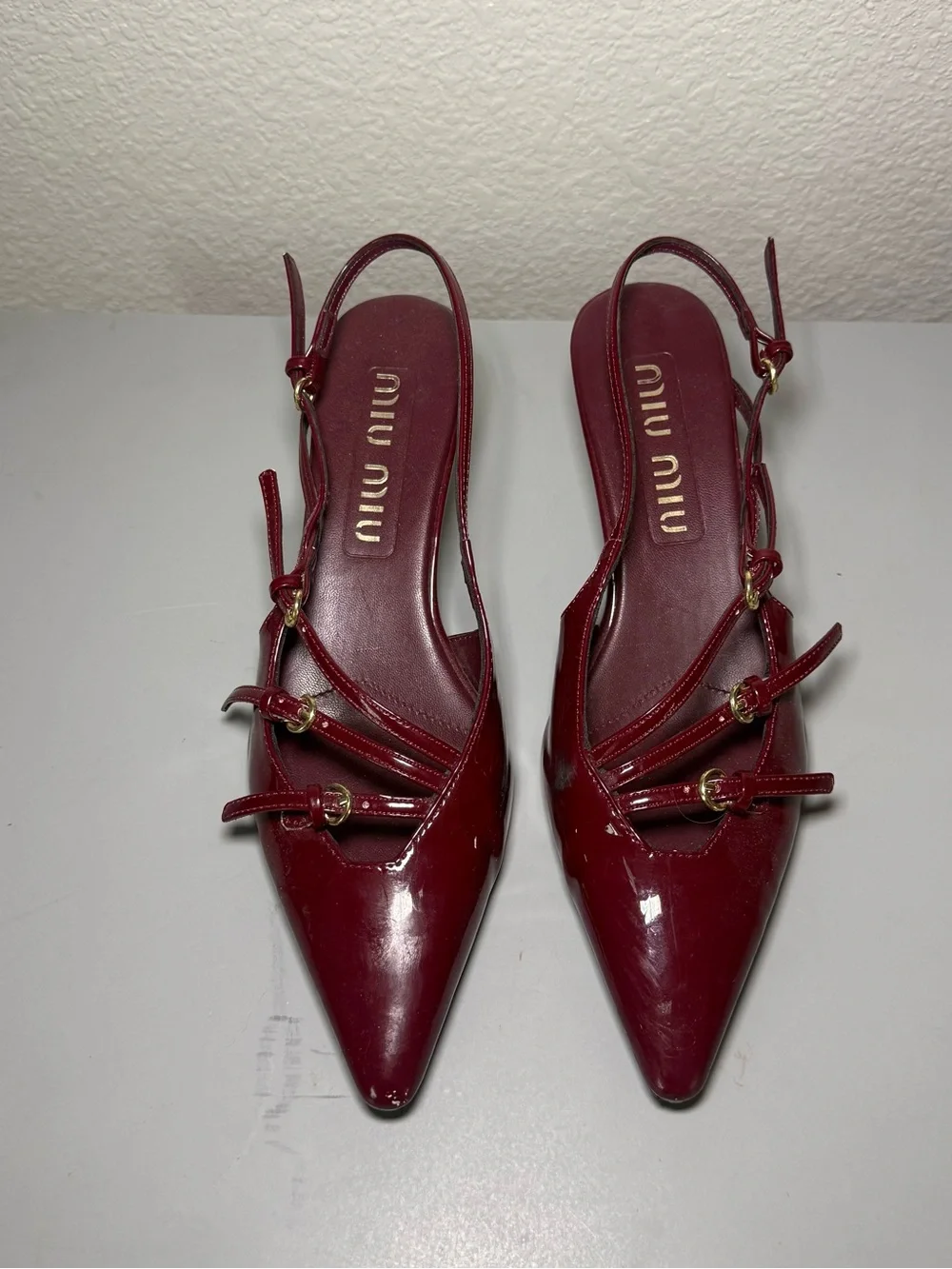 Miu Miu Wine Red Patent Leather Pointed Slingback Mules